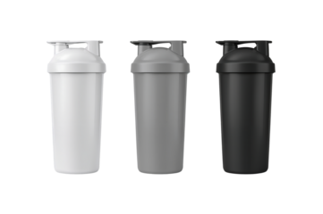 Three shaker bottles in white gray and black