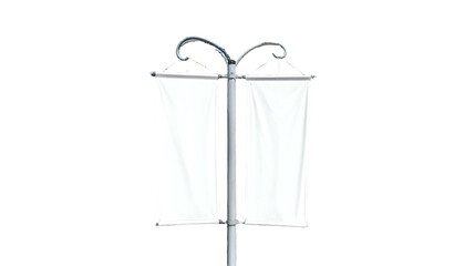Metal pole with two blank white rectangular banners hanging, set against a black background