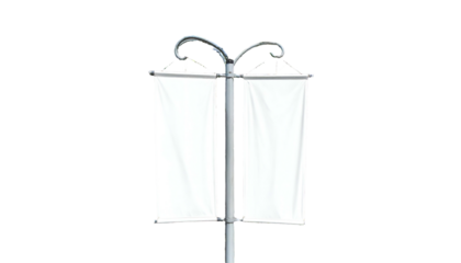 Metal pole with two blank white rectangular banners hanging, set against a black background