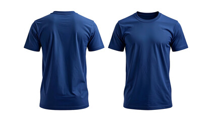 Two views of a blue crewneck t-shirt, back and front, against a black backdrop