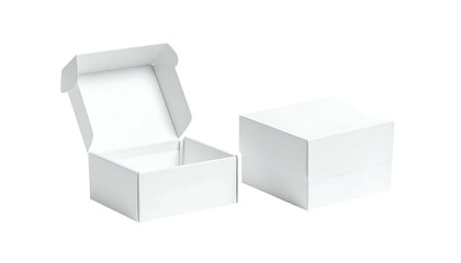 Two blank white cardboard boxes, one open, the other closed, against a black background