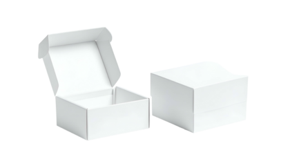 Two blank white cardboard boxes, one open, the other closed, against a black background