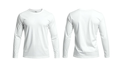 Front and back views of a plain white long-sleeved t-shirt on a black background