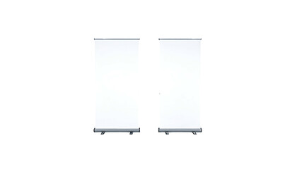 Two rectangular blank white pull-up banners, side-by-side, against a black background