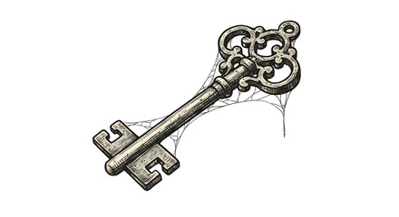 Ornate key with webbing on transparent background