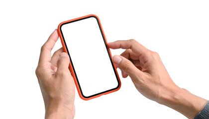 Hands holding an orange-framed phone with a blank white screen against a black backdrop