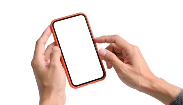 Hands holding an orange-framed phone with a blank white screen against a black backdrop - Powered by Adobe