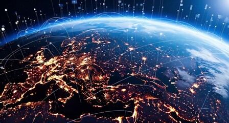 Digital visualization of global network connections across europe at night, with glowing cities and interconnected lines representing data flow animated 4k video - Powered by Adobe