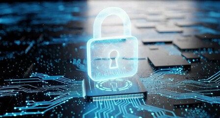Glowing blue digital padlock icon symbolizing cybersecurity and data protection, superimposed on a complex circuit board with illuminated pathways animated 4k video - Powered by Adobe