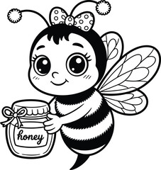 bee and honey, coloring pages for kids , black and white line art 