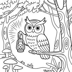 owl on branch, coloring pages for kids , black and white line art 