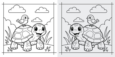 Spot the difference coloring pages featuring a turtle and bird