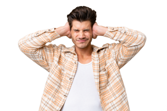 Young handsome caucasian man over isolated background frustrated and covering ears - Powered by Adobe