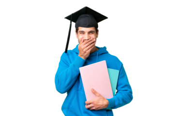 Young university graduate man over isolated background happy and smiling covering mouth with hand