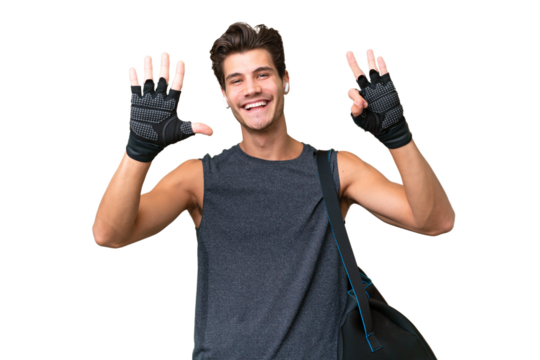 Young sport caucasian man with sport bag over over isolated background counting eight with fingers