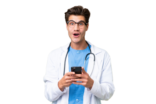 Young doctor man over isolated background surprised and sending a message