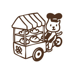 Cute cat baker wearing apron and chef hat selling bread travelling street with traditional bakery bicycle cart, cartoon playful animal character simple bold line illustration element
