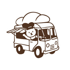 Cute cat baker wearing apron and chef hat driving and  selling bread travelling street with vintage bakery truck, cartoon playful animal character simple bold line illustration element