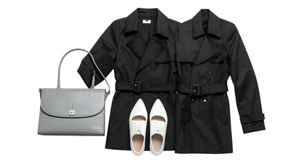 Naklejka premium Apparel grey purse, white shoes, black trench coats on black