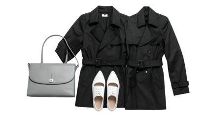 Apparel grey purse, white shoes, black trench coats on black
