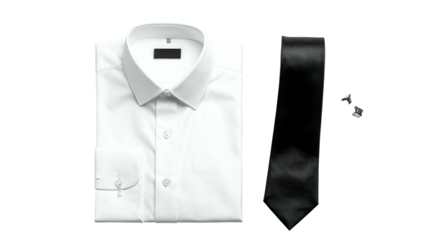 Folded white dress shirt, black tie, cufflinks, on black background
