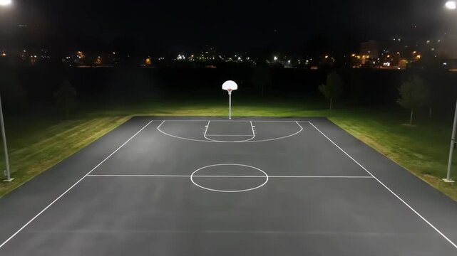 Outdoor basketball court illuminated by lights at night with faint mist.