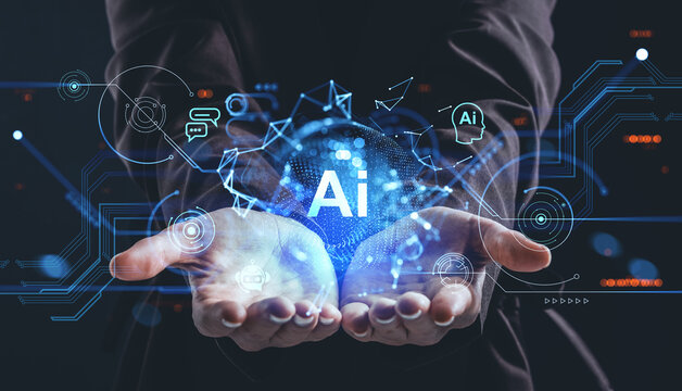 Futuristic AI concept with glowing chip and brain hologram held in hands on tech background showing artificial intelligence innovation scene.