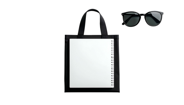 Black tote bag, white book, and sunglasses on a dark background