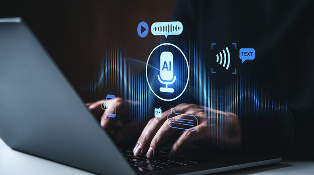 AI voice recognition and speech-to-text technology concept with glowing icons over laptop user interface in futuristic tech background scene..
