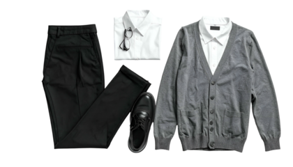 Laid flat smart black pants, white shirt, gray cardigan, black shoes
