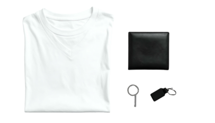 White t-shirt, wallet, key and watch on dark neutral backdrop
