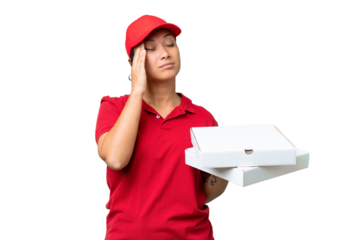 pizza delivery woman with work uniform picking up pizza boxes over isolated chroma key background with headache