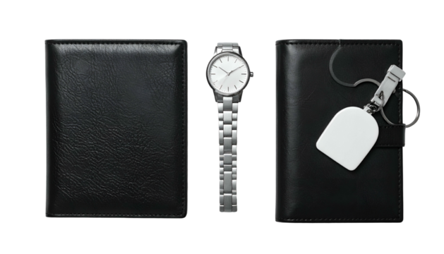 Flat lay two black wallets flank a silver wristwatch