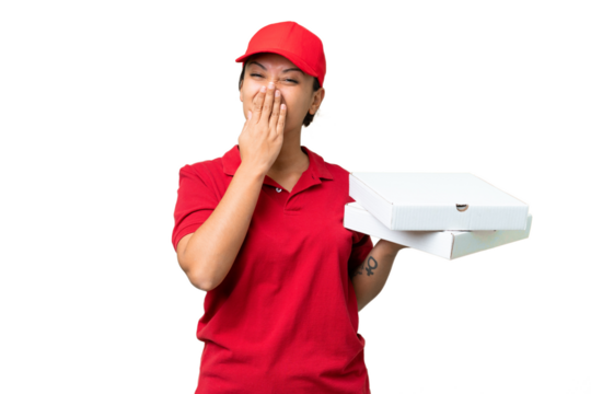 pizza delivery woman with work uniform picking up pizza boxes over isolated chroma key background happy and smiling covering mouth with hand