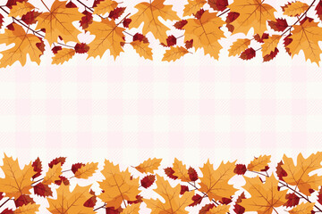 fall leaves background border with pink plaid pattern seasonal elements autumn theme flat design vector illustration