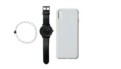 Minimalist flat lay watch, phone case, and beaded bracelet on black
