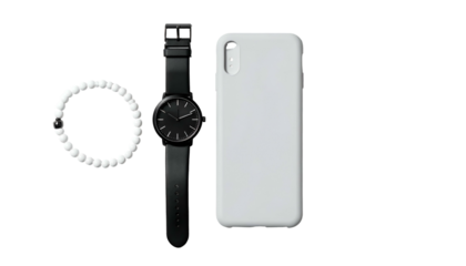 Minimalist flat lay watch, phone case, and beaded bracelet on black