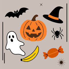 Flat vector Halloween icon set including pumpkin, ghost, bat, witch hat, spider, and candy. Simple colorful illustration for holiday and party design.