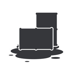 Isolated safety sign leaking oil tank on floor, industrial safety and cleanliness warning symbol for workplace maintenance and hazard prevention.