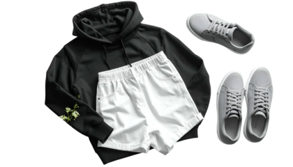 Outfit flatlay black hoodie, white shorts, gray sneakers