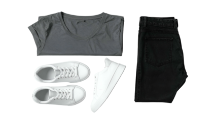 Flat lay of gray shirt, black jeans, and white sneakers