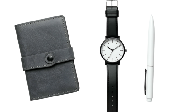 Gray wallet, black watch, and white pen isolated on black