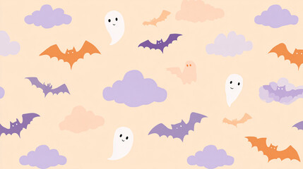 Fototapeta premium Minimal pastel Halloween background featuring simple bat and ghost illustrations, soft orange and purple tones, seamless decorative pattern 