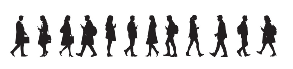  silhouettes of people walking and talking 