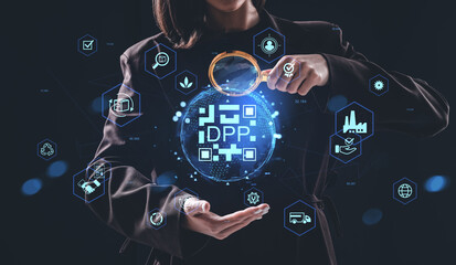 Businesswoman analyzing DPP digital hologram concept globe with supply chain and data icons on dark background using magnifying glass tool.