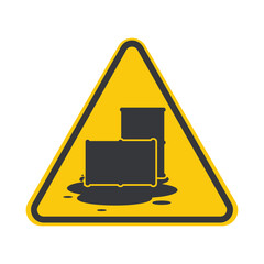 Isolated triangle safety sign leaking oil tank on floor, industrial safety and cleanliness warning symbol for workplace maintenance and hazard prevention.