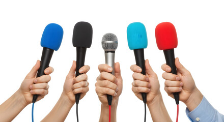 Hands holding five diverse microphones for interviews, journalism, and news reports isolated on white