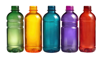 Five plastic bottles in vibrant colors.  Each bottle is a different hue, arranged in a horizontal row against a black background.  The bottles are transparent plastic, showcasing their contents