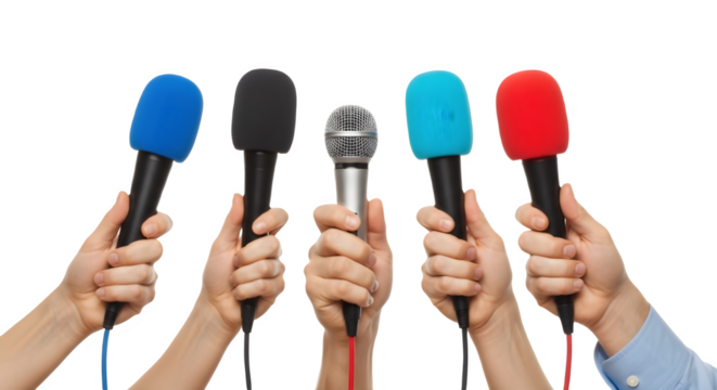 Hands holding five diverse microphones for interviews, journalism, and news reports isolated on white