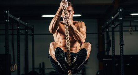 Young caucasian male climbing rope in gym: strength and determination